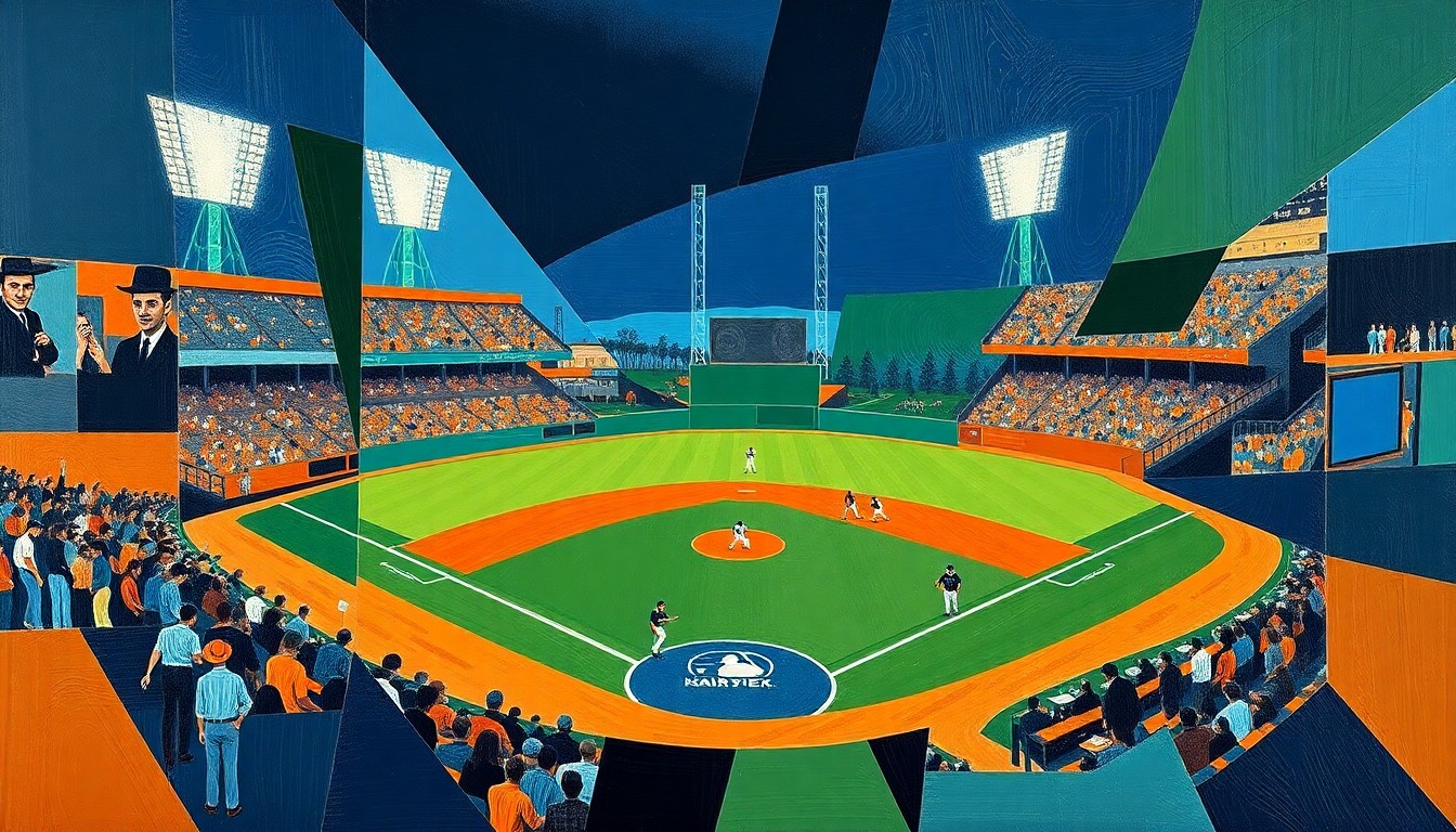 A cubist, geometric painting depicting a fragmented baseball game or match, with sharp planes of navy, green, and orange overlapping to create a dynamic, deconstructed visual representation of the sport.