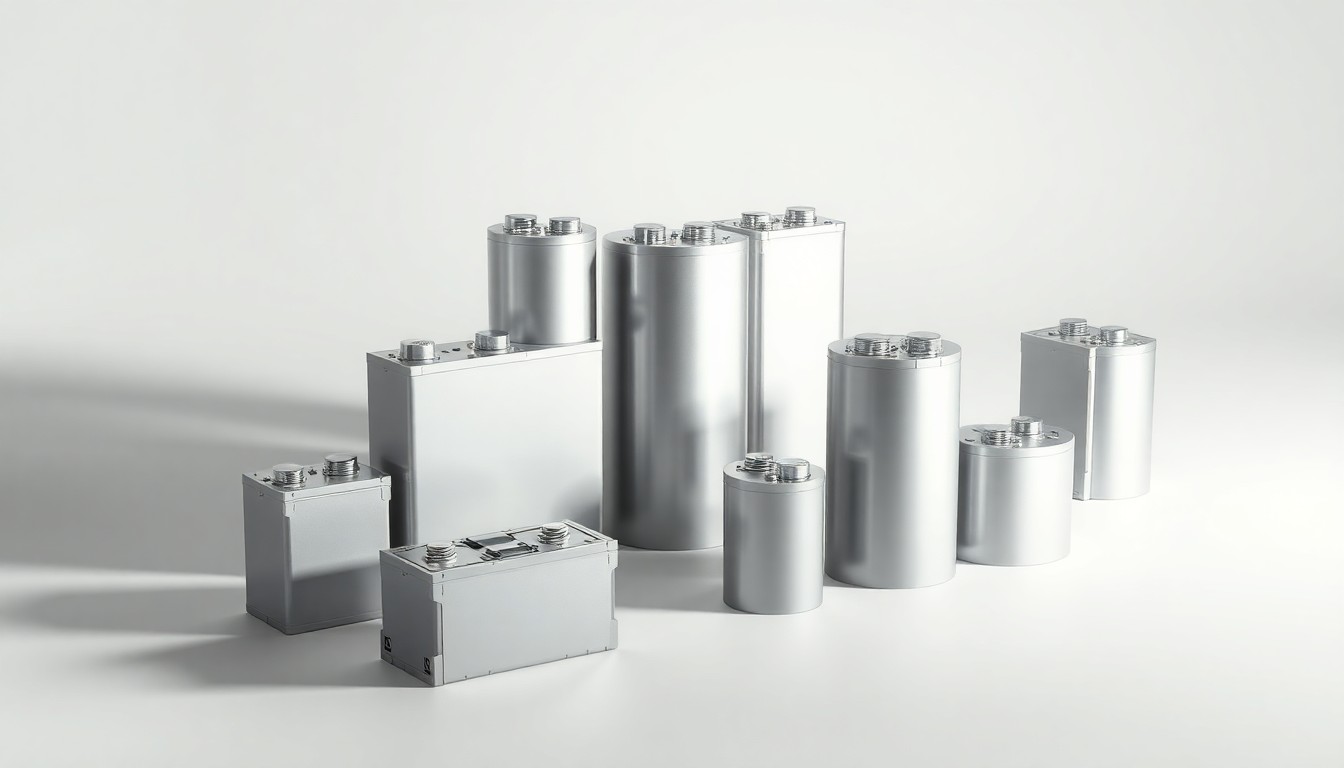 A photorealistic studio still life featuring a collection of metallic battery cells and modules arranged elegantly on a clean, monochromatic background, conceptually representing the abstract issues of energy storage and grid reliability.