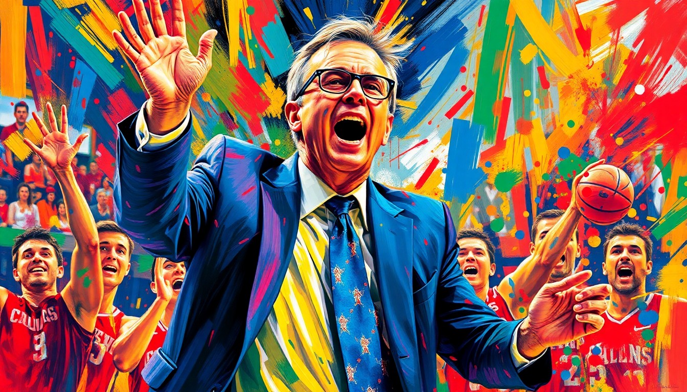 An abstract, expressionist painting in neon colors depicting the dynamic energy and emotion of a college basketball coach leading his team, with the coach's face dissolved into unrecognizable brushstrokes.