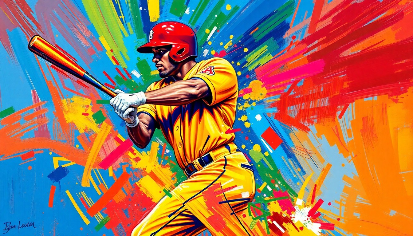 An abstract, energetic painting using bold, neon-like brushstrokes to depict the powerful swing and motion of a baseball player hitting a home run.