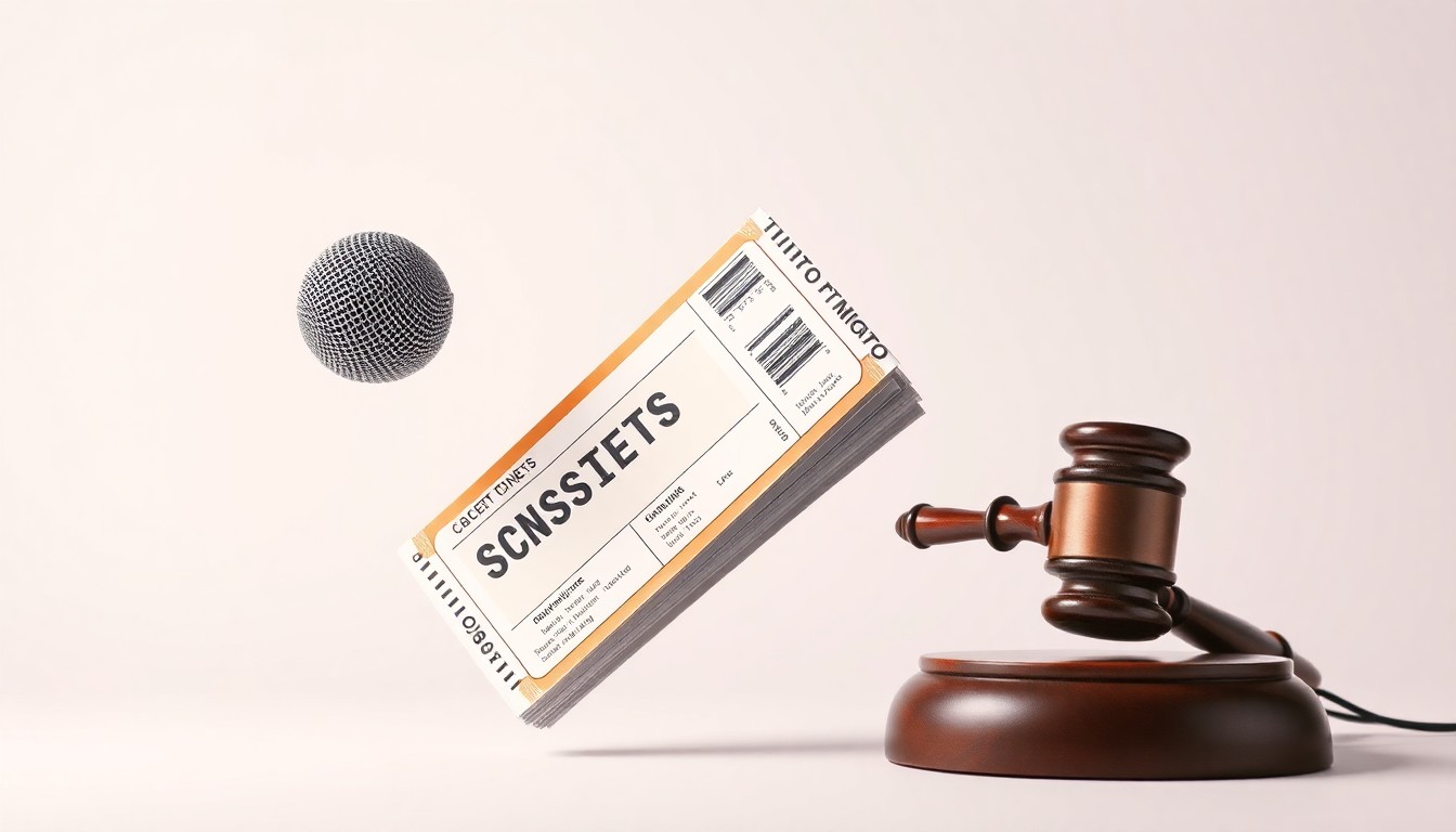 A photorealistic studio still life featuring a stack of concert tickets, a microphone, and a gavel floating on a clean, monochromatic background, conceptually representing the abstract legal and corporate issues at the heart of the Live Nation antitrust trial.