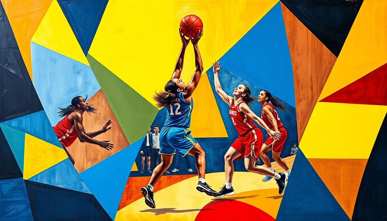 A cubist, geometric painting depicting the abstracted forms of women's basketball players in motion, with sharp, overlapping shapes in a vibrant color palette representing the high-energy atmosphere of the tournament regional rounds.