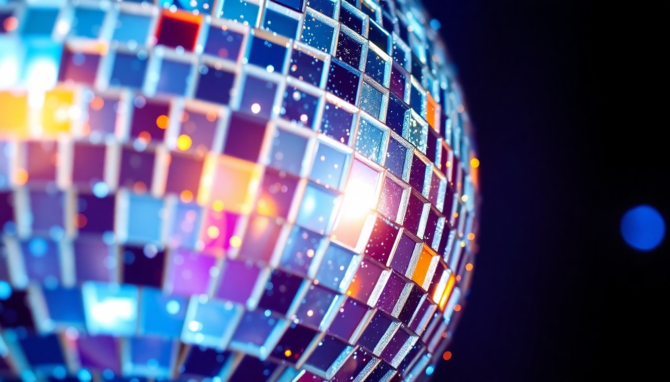 An abstract close-up photograph of shattered disco ball fragments reflecting dramatic, high-contrast studio lighting, conveying the glamour and excitement of Miami's music and entertainment culture.