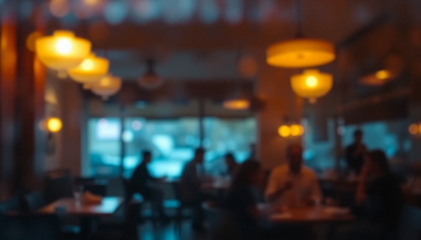 An abstract, impressionistic scene of a dimly lit restaurant interior, with soft pools of warm light and blurred silhouettes of diners, conveying the cozy, welcoming ambiance of Satterfield's Restaurant.