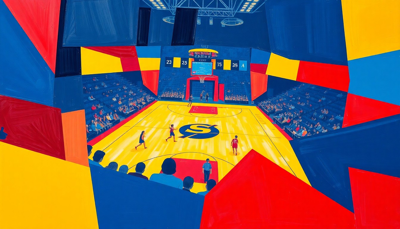 A dynamic, cubist-style painting depicting the action and energy of a women's college basketball game, with the players and court fragmented into sharp, overlapping geometric shapes in a bold color scheme, conveying the sport's rapid evolution and UConn's continued dominance.