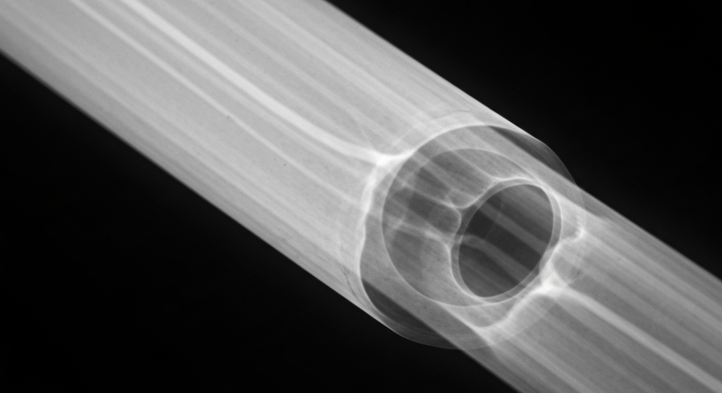 A ghostly, translucent X-ray image showing the internal structure of a lead water pipe, illustrating the unseen public health hazard these pipes pose to the community.