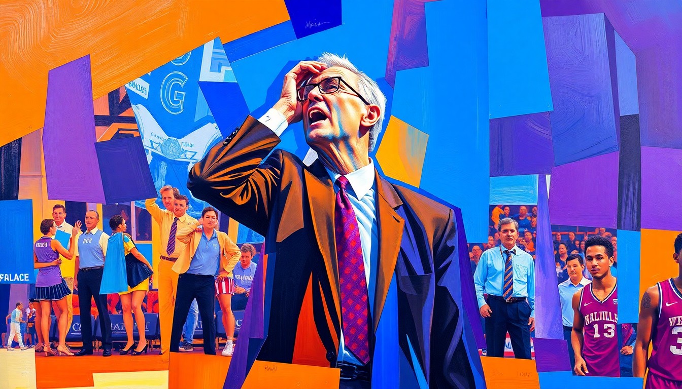 A fragmented, multi-angled painting depicting the intense movements and emotions of a college basketball coach on the sideline, rendered in a cubist style with bold, clashing colors.