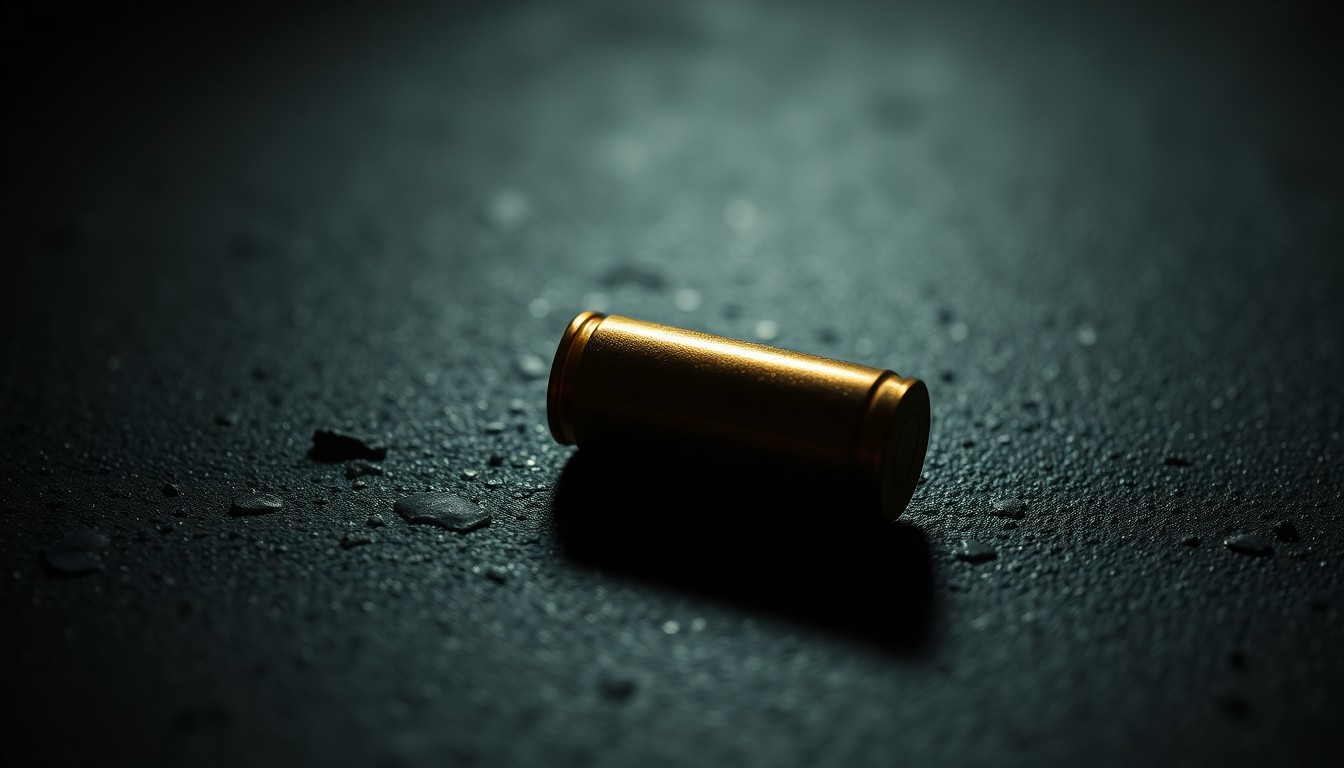 An extreme close-up photograph of a single spent bullet casing on a dark, textured surface, lit by a harsh, direct camera flash, conceptually representing the forensic evidence in a homicide investigation.