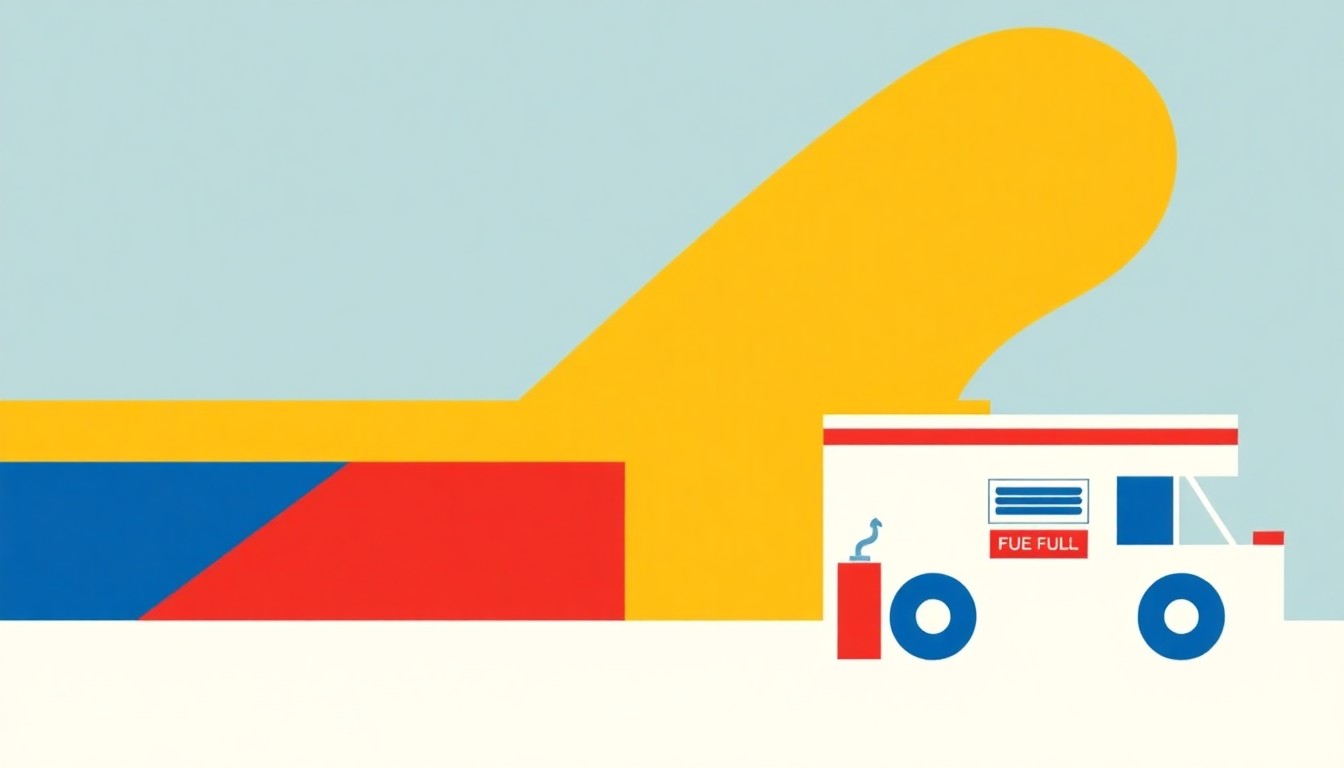 A geometric abstract illustration using bold shapes and primary colors to represent the impact of rising fuel prices on nonprofit organizations.