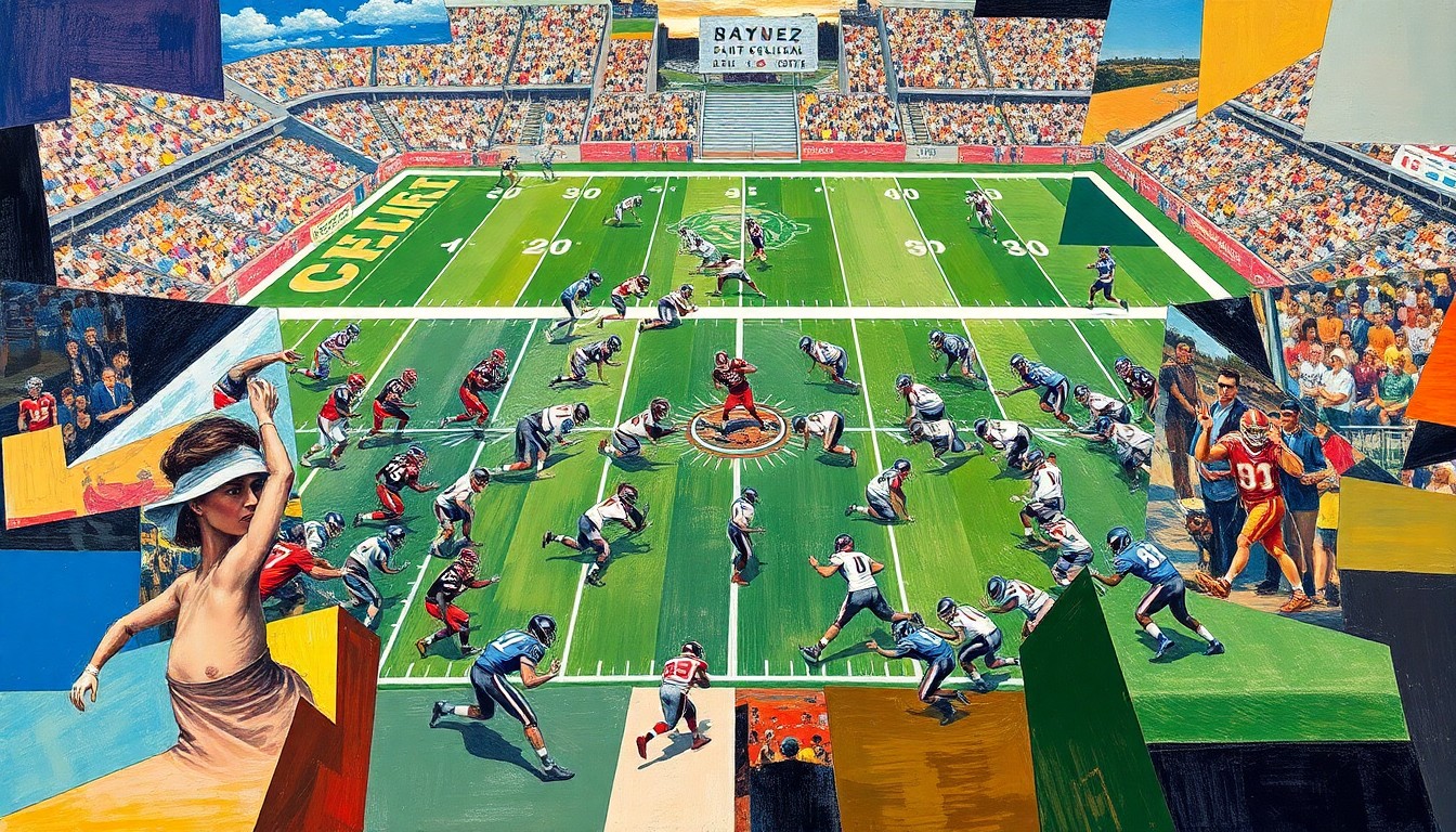 A cubist-style painting depicting an abstract, fragmented scene of a college football scrimmage, with players, field, and equipment rendered in sharp, overlapping geometric shapes and planes of color.
