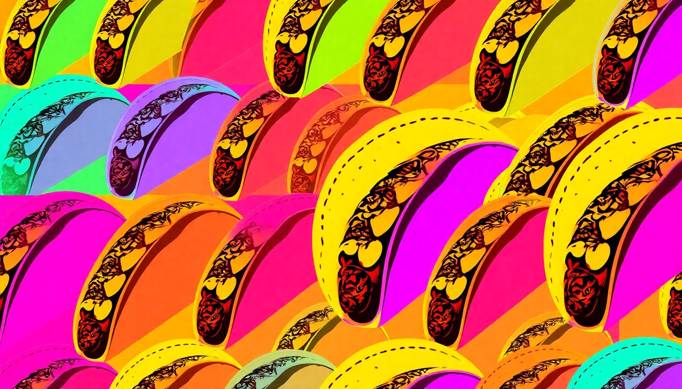 A brightly colored, high-contrast silkscreen print of a single, iconic Velvet Taco menu item repeated in a tight grid pattern, conceptually representing the chain's unique and experimental approach to Mexican cuisine.