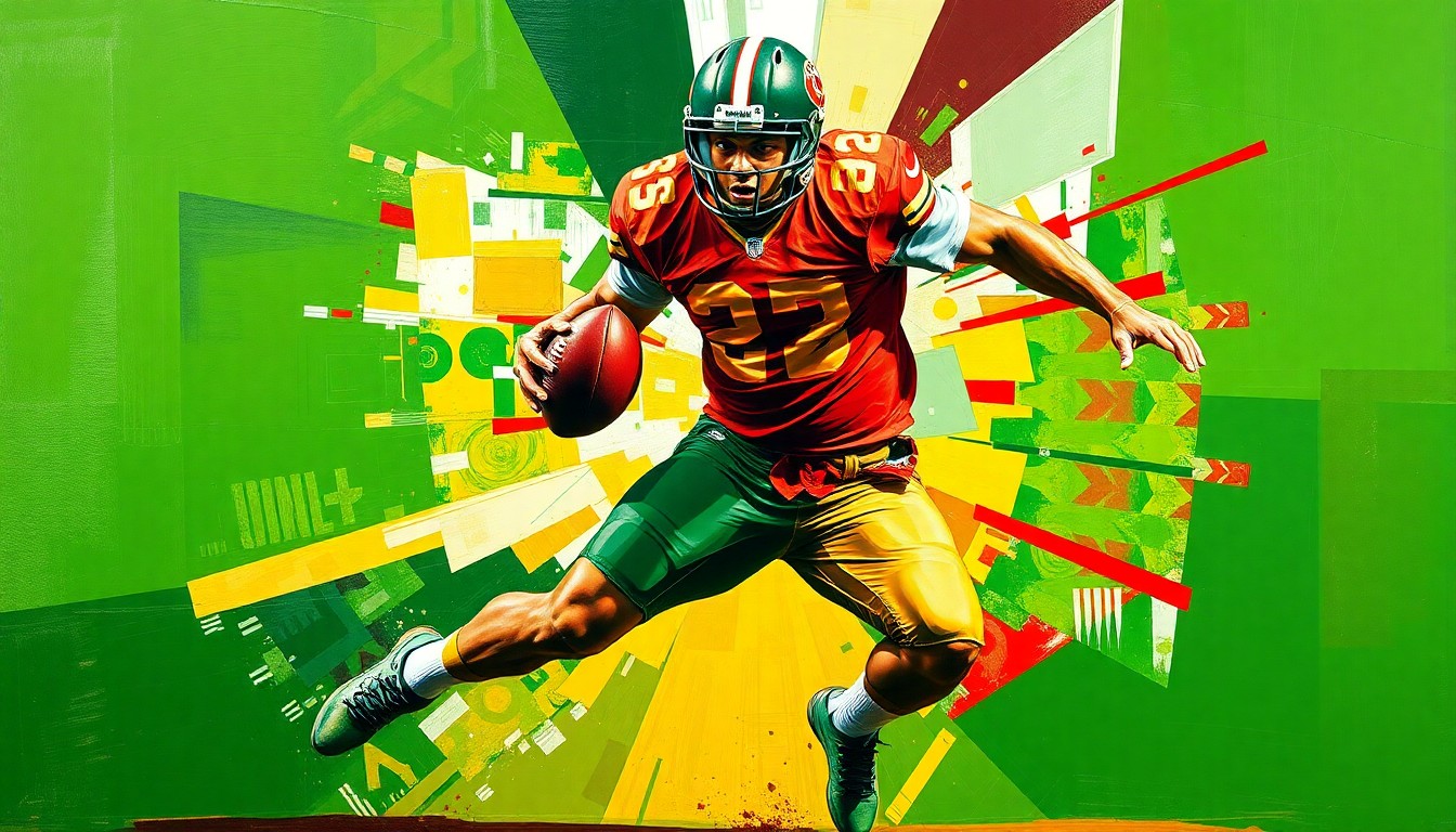 A cubist-style illustration depicting a football player in mid-motion, broken down into sharp, overlapping geometric shapes in vibrant shades of green, gold, and red, capturing the competitive nature of the recruiting battle between the two schools.