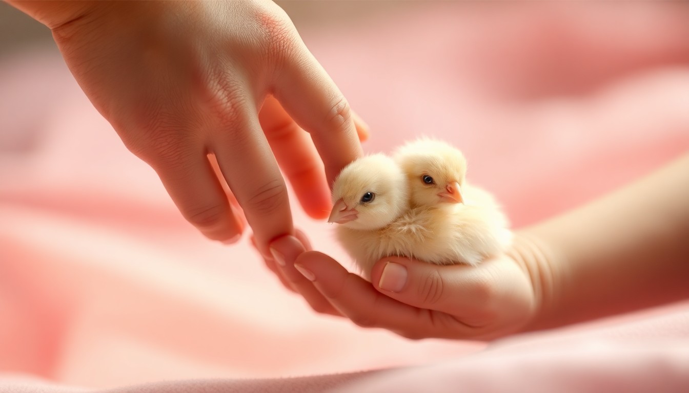 An extremely abstracted, out-of-focus photograph of a child's hand gently petting a small chick or rabbit, with the background blurred into warm, hazy pools of pastel colors, conceptually representing the care and responsibility required for keeping live animals as pets.