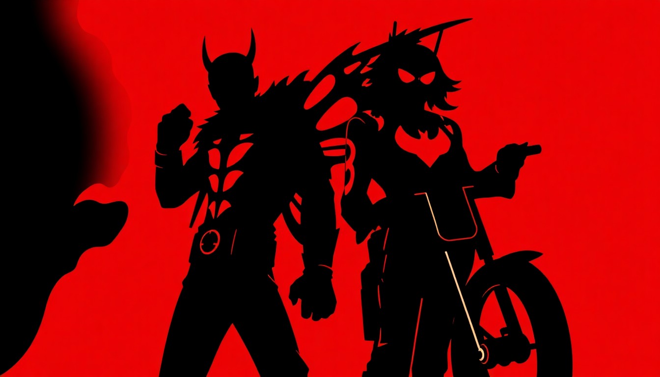 A striking abstract composition of stark black and red geometric shapes, evoking the bold, minimalist style of 1970s graphic design to conceptually represent the rebellious spirit of the forgotten superheroes Hell-Rider and Butterfly.