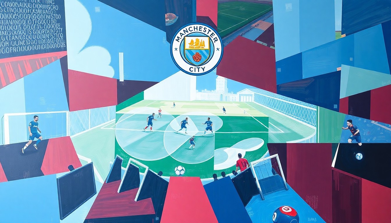 A fractured, cubist-style painting depicting a soccer match or training session, with players and the field broken down into sharp, overlapping geometric shapes in shades of sky blue and burgundy, conceptually representing the complex dynamics Guardiola must navigate as Manchester City's manager.