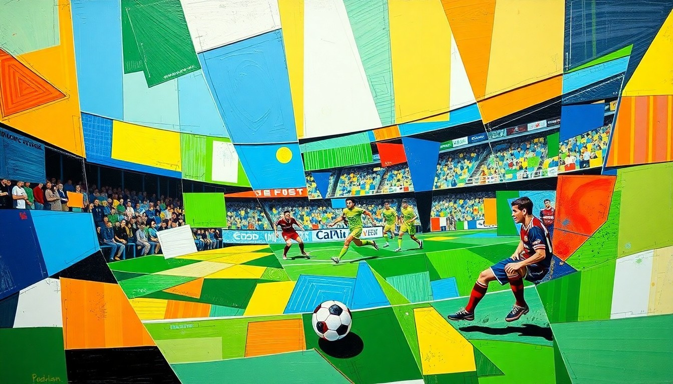A cubist, geometric painting depicting a soccer game, with players and the ball broken down into sharp, overlapping shapes and planes of vibrant colors like blue, green, and orange.