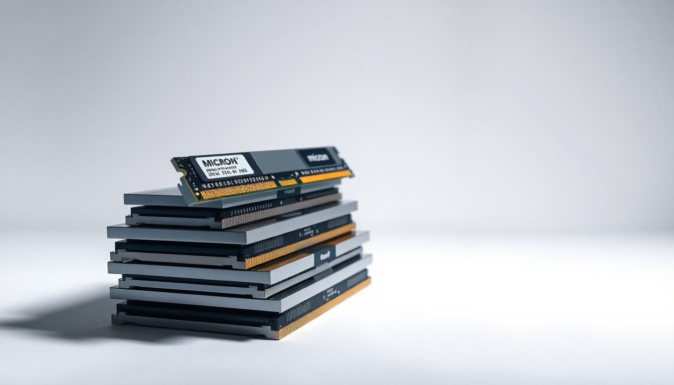 A photorealistic studio still life featuring a stack of polished metal and glass Micron memory modules arranged elegantly on a clean white background, using dramatic lighting to symbolize the company's strong financial performance.