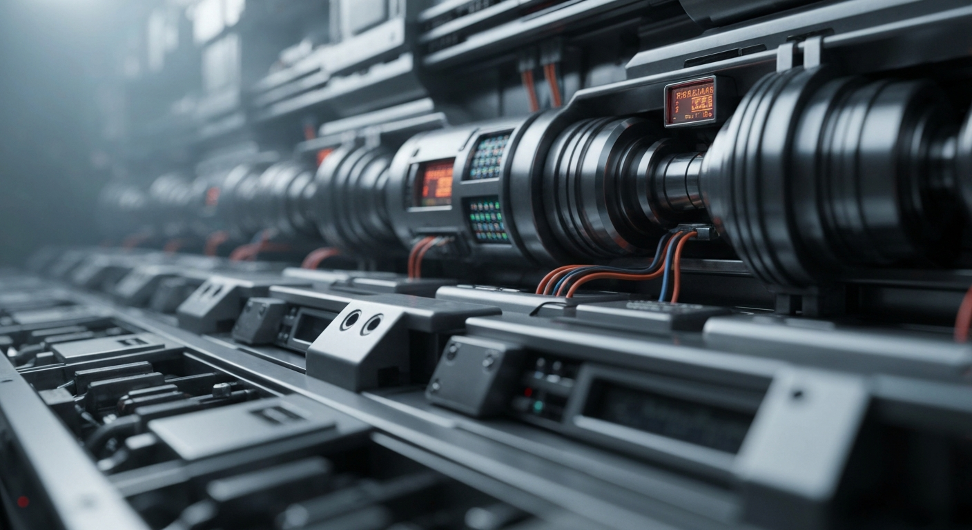 An extreme close-up of a tangle of circuit boards, cables, and metal components, conceptually representing the intricate technology that enables modern finance.