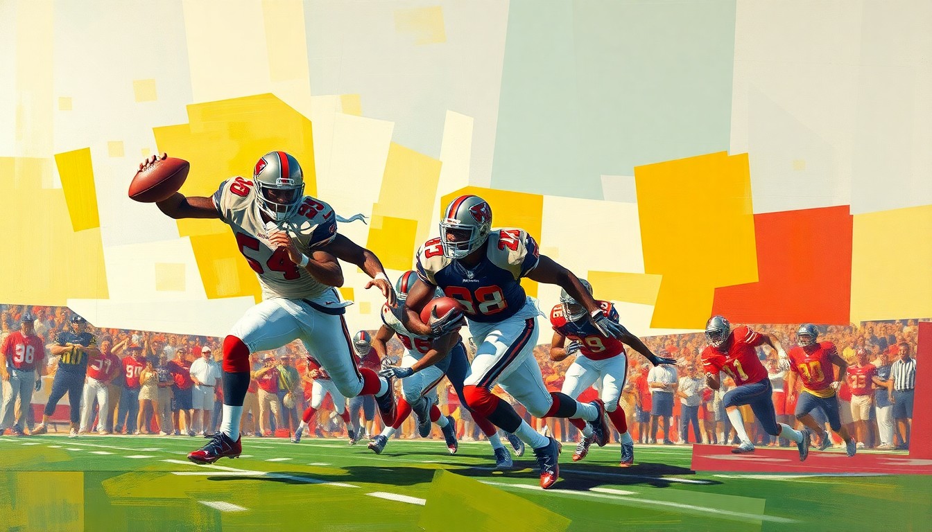 A cubist-style painting depicting fragmented, geometric shapes and planes representing the movements and actions of two football players, conceptually illustrating the contrasting yet complementary skills of the Buccaneers' running back duo.