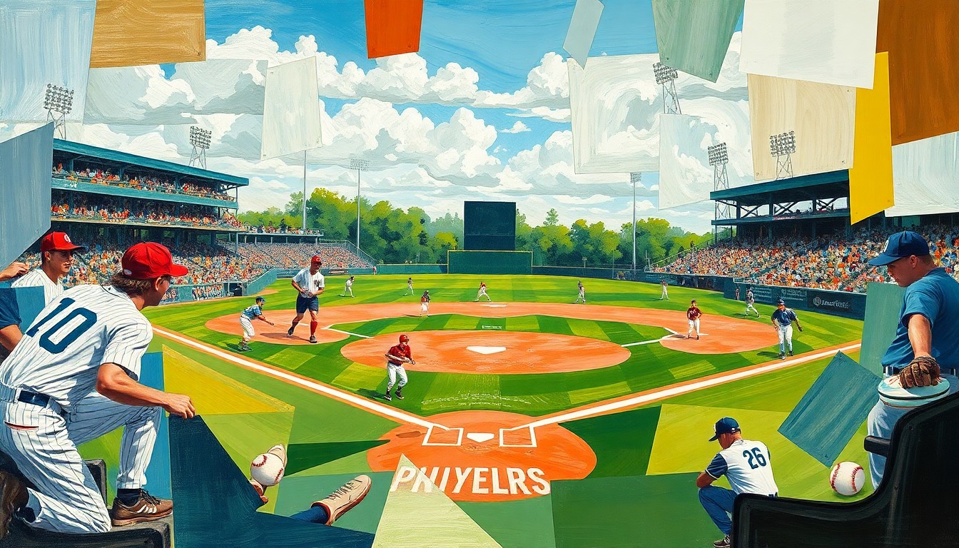 A fragmented, geometric painting depicting the dynamic movements and competing perspectives of a high school baseball game, with players, baseballs, and the field rendered in an abstract, cubist style.