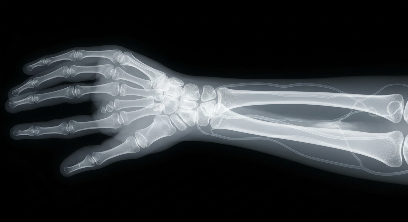 An extreme close-up X-ray image revealing the delicate bone and vein structures of a human hand and forearm, conceptually representing the importance of proactive skin care to support cancer treatment.