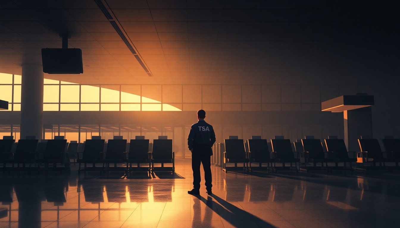 A serene, cinematic painting depicting a lone TSA agent standing in an empty airport terminal, the space bathed in warm, diagonal sunlight and deep shadows, conveying the stillness and disruption caused by the recent DHS shutdown.