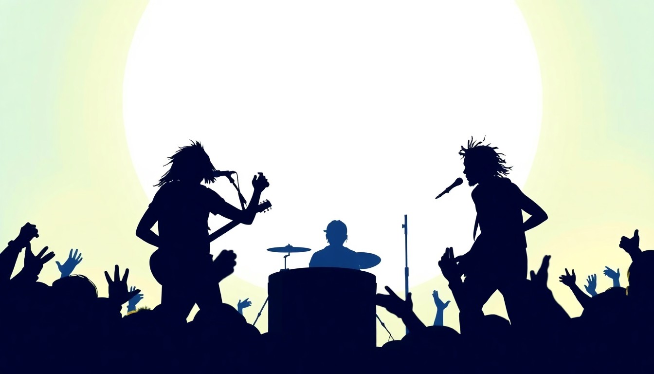 A dynamic, abstract illustration featuring bold, geometric shapes in shades of blue, yellow, and white, capturing the laidback, beachy vibe of a reggae pop music performance.