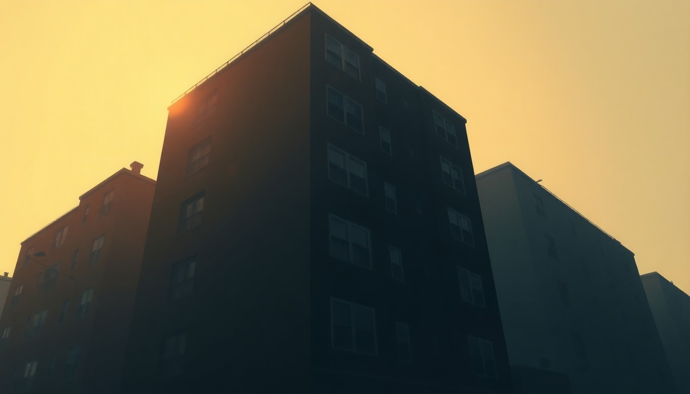 A realistic oil painting depicting the exterior of a multi-story apartment building in muted, earthy tones. The building is bathed in warm, diagonal sunlight, creating deep shadows that convey a sense of isolation and the need for stronger tenant protections.
