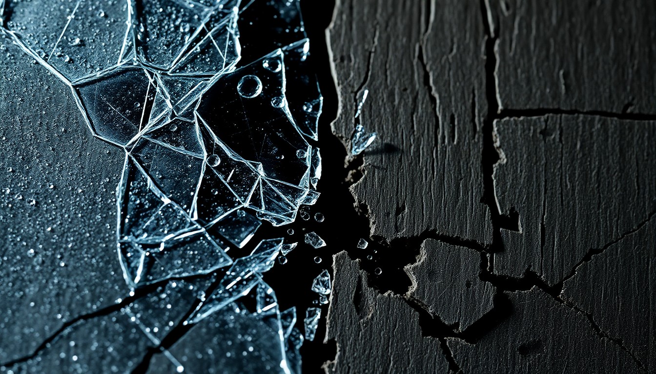 An abstract close-up photograph featuring shattered glass and splintered wood textures in high-contrast studio lighting, conceptually representing the fractured relationship between the two reality TV personalities.