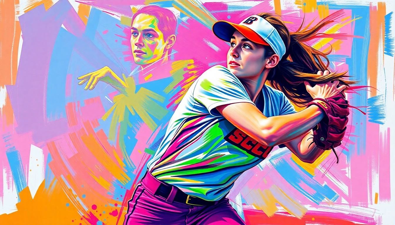 An abstract, expressionistic painting in bright neon colors depicting the powerful motion and energy of a high school softball pitcher in the middle of her delivery, conveying the raw athleticism and competitive spirit of the game.