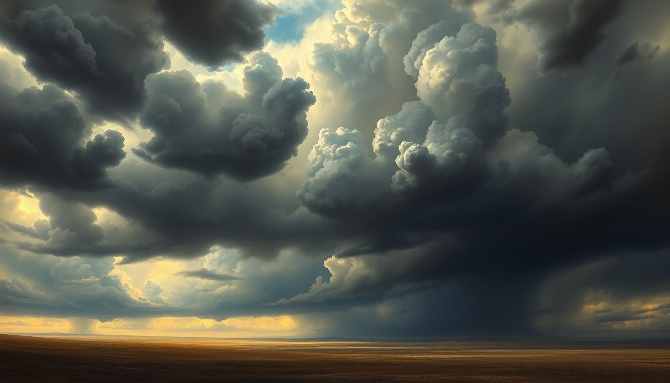 A vast, atmospheric landscape painting in muted tones of gray, blue, and green, depicting a sweeping, dramatic sky filled with ominous storm clouds over a flat, desolate horizon, conveying the overwhelming power and scale of the natural world.