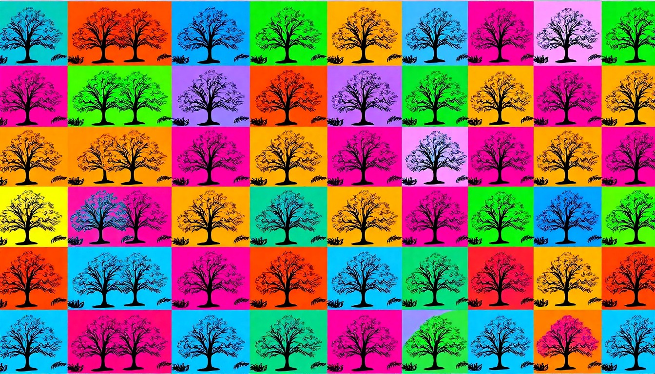 A highly stylized, abstract illustration composed of a repeating grid of brightly colored, silhouetted tree shapes in shades of neon green, pink, and blue, conceptually representing the preservation of natural habitats within an urban landscape.