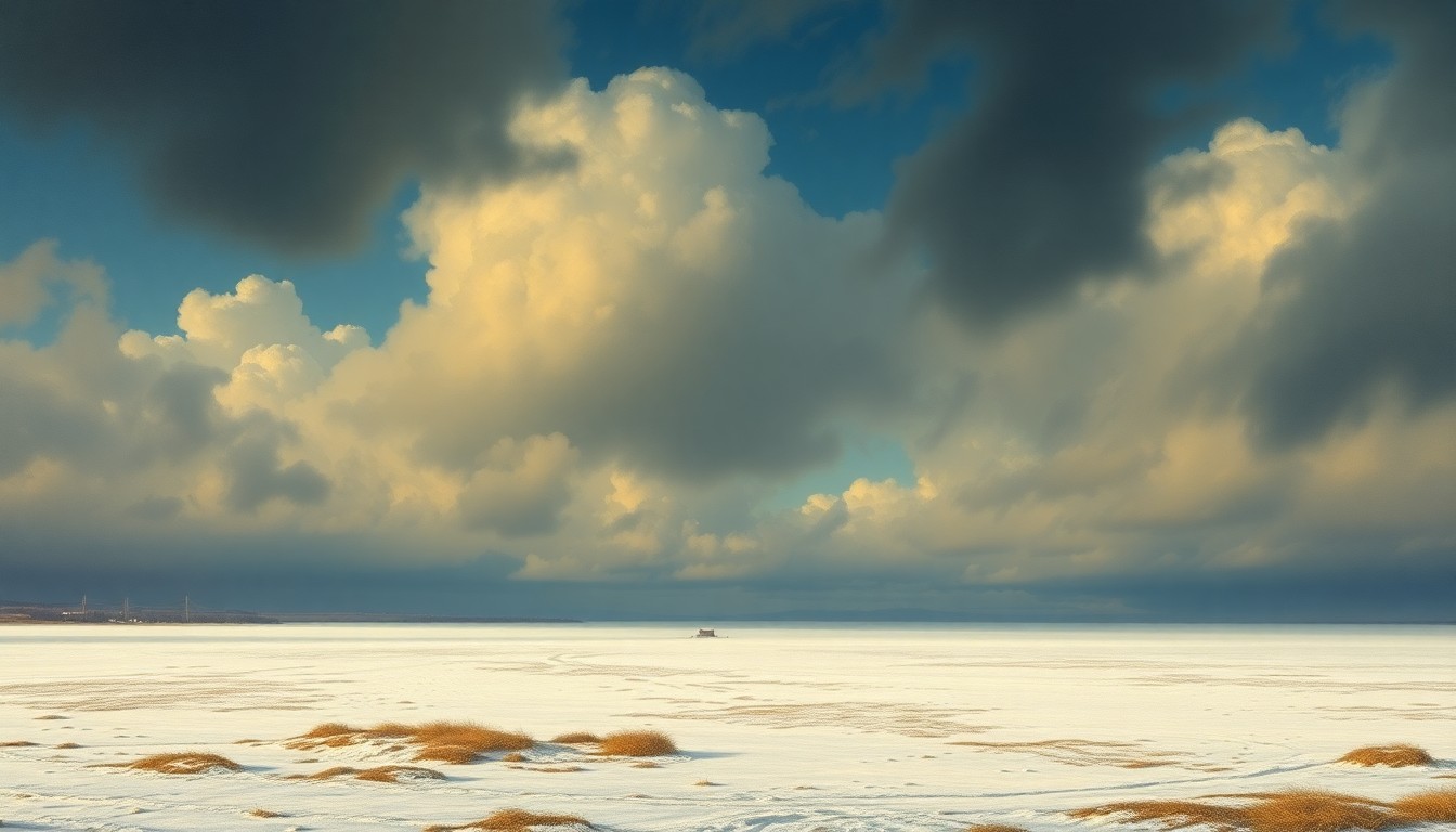 A sweeping, atmospheric landscape painting in muted tones of gray, white, and blue, depicting a vast, frozen field under a dramatic, cloudy sky, conveying the overwhelming power of the natural world.