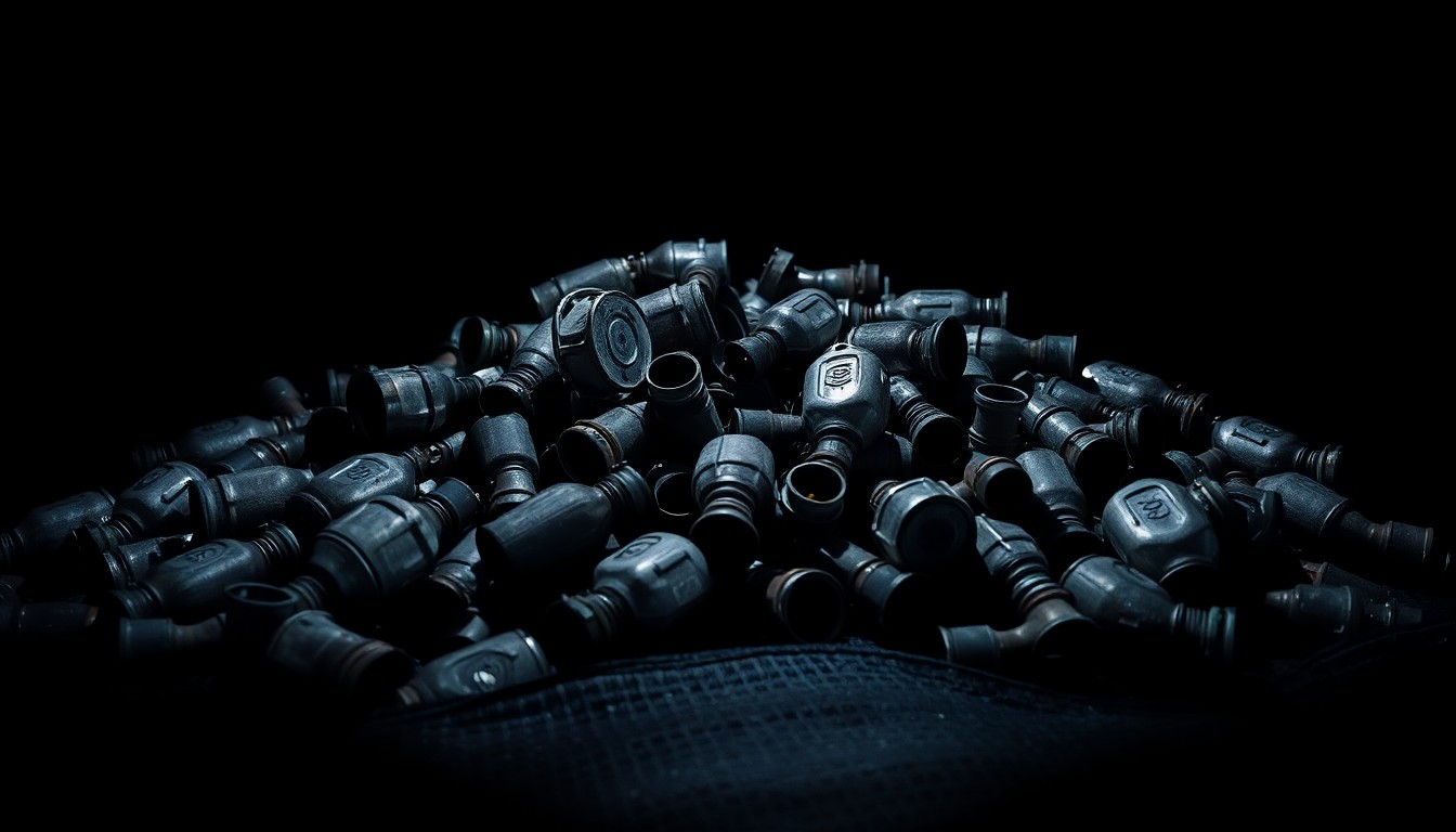 An extreme close-up photograph of a pile of metallic catalytic converter parts, lit by a harsh flash against a dark background to create a stark, gritty investigative aesthetic.