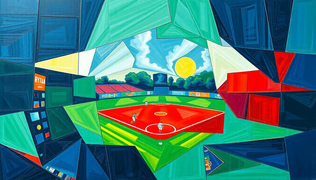 A fragmented, geometric painting in bold colors representing the back-and-forth battle between the two softball teams, with overlapping shapes and planes conveying the game's competitive energy.