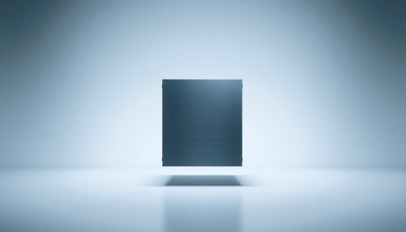 A photorealistic studio still life featuring a sleek, polished data server rack made of brushed aluminum and tempered glass, floating on a clean, monochromatic background and dramatically lit to symbolize the abstract power and infrastructure behind the data center industry.