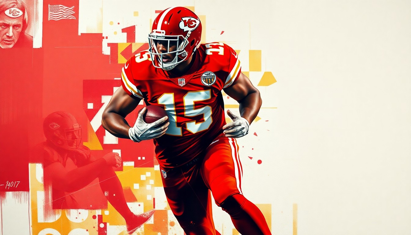 A cubist, geometric painting depicting a football player in motion, with sharp, overlapping planes in the Chiefs' colors of red, gold, and black, conveying the dynamic energy of the sport.