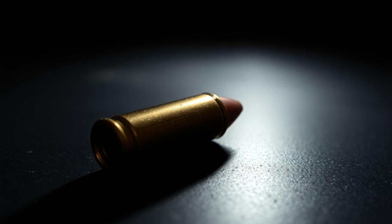 An extreme close-up of a single bullet casing on a dark surface, lit by a harsh, direct camera flash, conceptually representing the evidence of a tragic shooting incident.