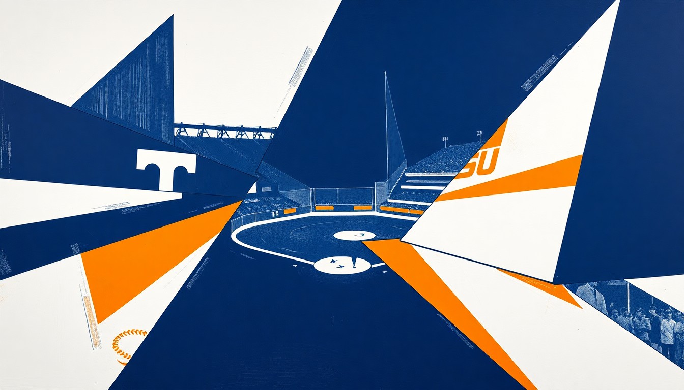 A cubist, geometric painting depicting a baseball game in progress, with the field, players, and action broken down into sharp, overlapping planes of navy blue, orange, and white.