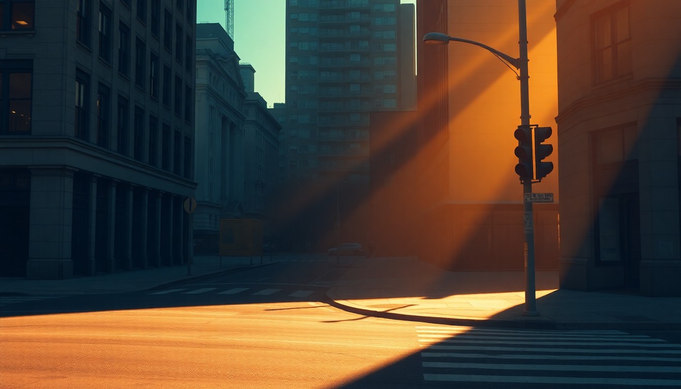 A serene, cinematic painting of a solitary city street corner, with warm sunlight casting deep shadows across the pavement and a single traffic light or street sign as the only visible object, conveying a sense of quiet contemplation around the political tensions surrounding religious holidays.