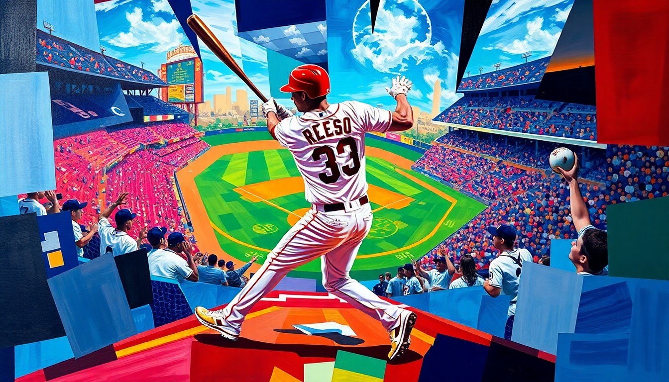 A fragmented, geometric painting depicting a baseball player's swing, home run, and celebration, rendered in the cubist style with bold colors and overlapping planes.
