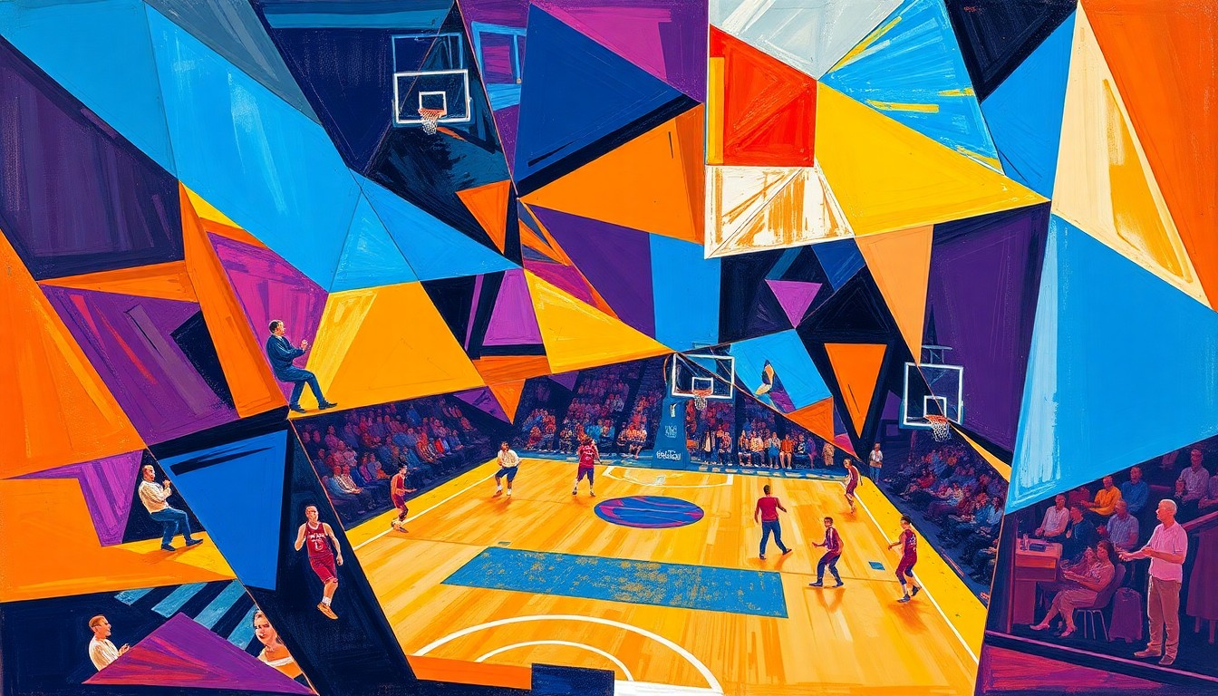 A cubist, geometric painting depicting a basketball game or match, with sharp, overlapping planes of color representing the dynamic action on the court.
