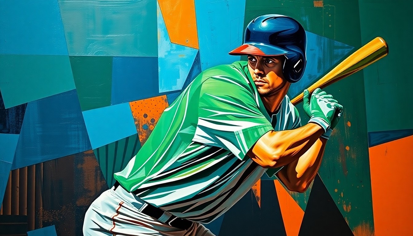 A cubist-style painting depicting a baseball player's batting stance and swing broken down into sharp, overlapping geometric shapes in a vibrant color palette, conveying the dynamic energy and technical precision of the sport.