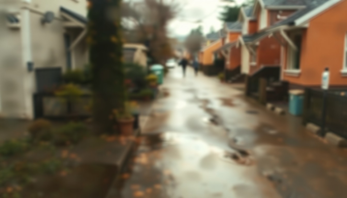 An abstract, impressionistic photograph of a residential street scene, with a focus on blurred puddles, gutters, and other drainage elements in soft, earthy color tones, conceptually representing the city's efforts to improve stormwater management.