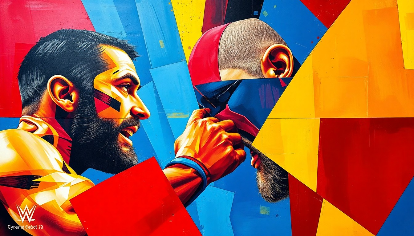 A cubist, geometric painting depicting a wrestling match or confrontation between two wrestlers, with sharp, overlapping planes of vibrant colors representing the dynamic action and tension of the scene.