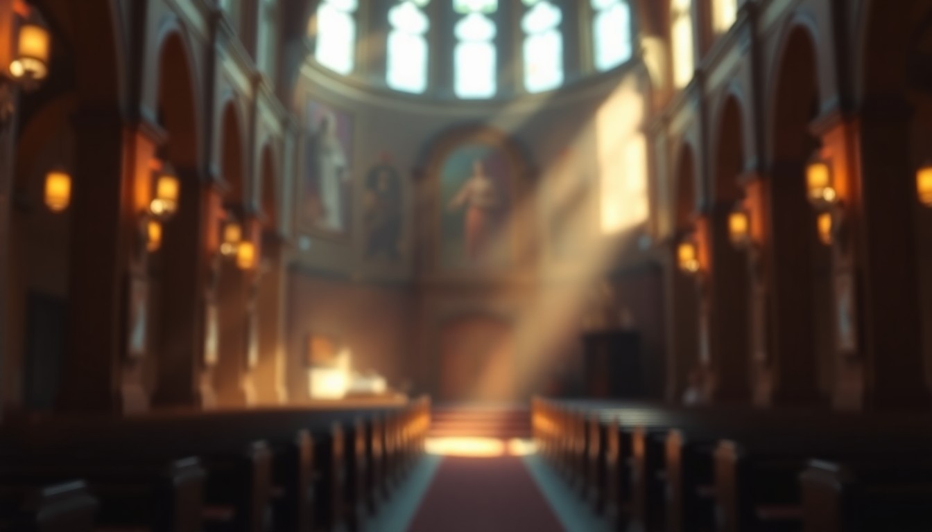 An abstract, out-of-focus scene of a church interior, with soft pools of warm light and color creating a contemplative, spiritual atmosphere.