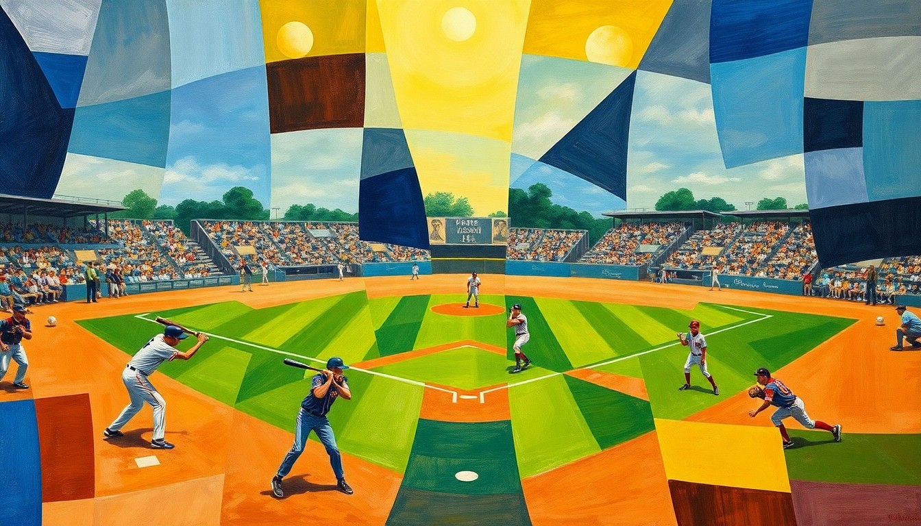 A cubist-style painting depicting a high school baseball game broken down into sharp, overlapping geometric shapes and planes of players, bats, balls, and the field, capturing the dynamic energy and intensity of the sport.