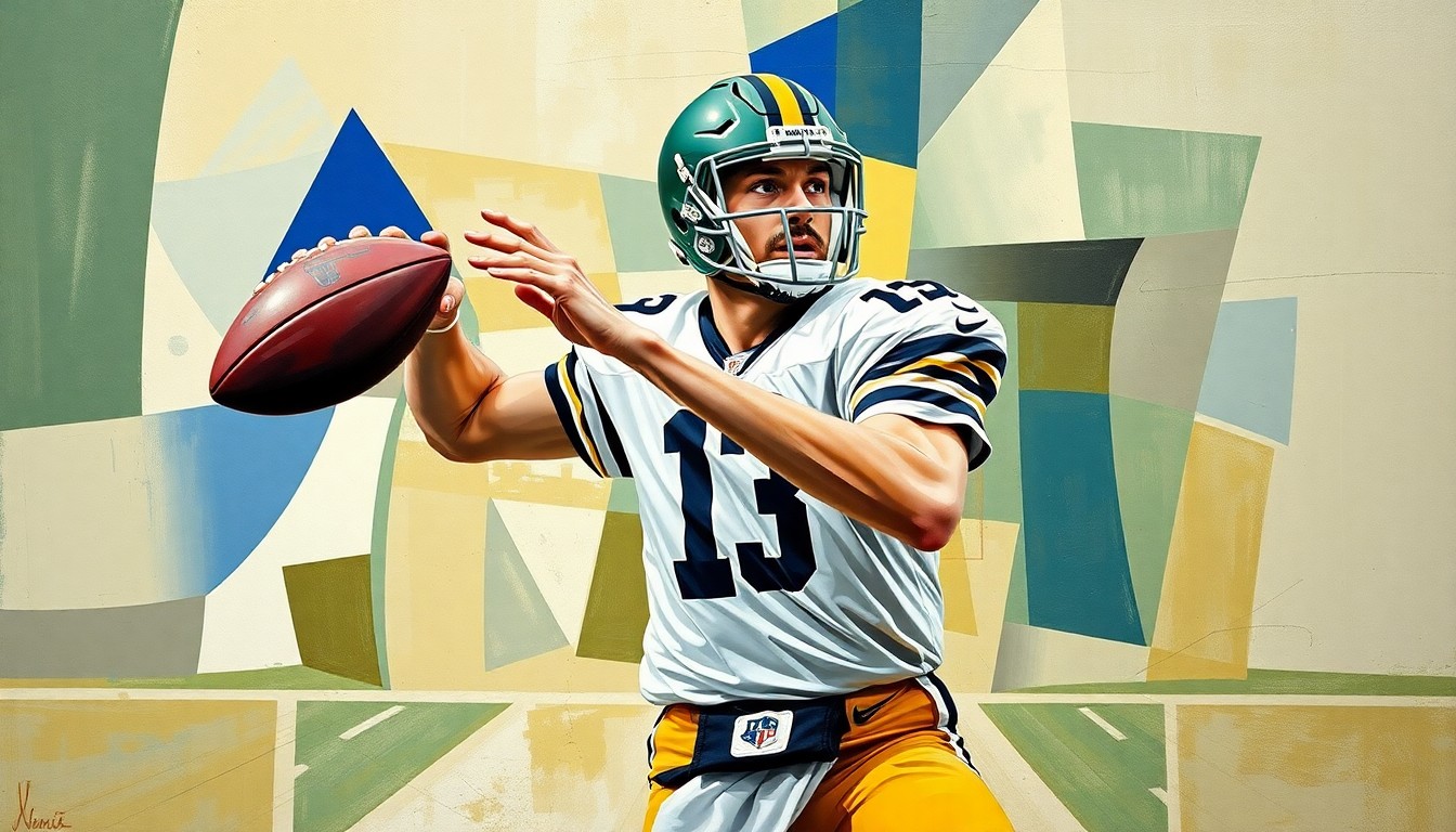 A cubist, geometric illustration depicting a football quarterback's throwing motion broken down into sharp, overlapping planes of color, representing the complex evaluation of NFL draft prospects.