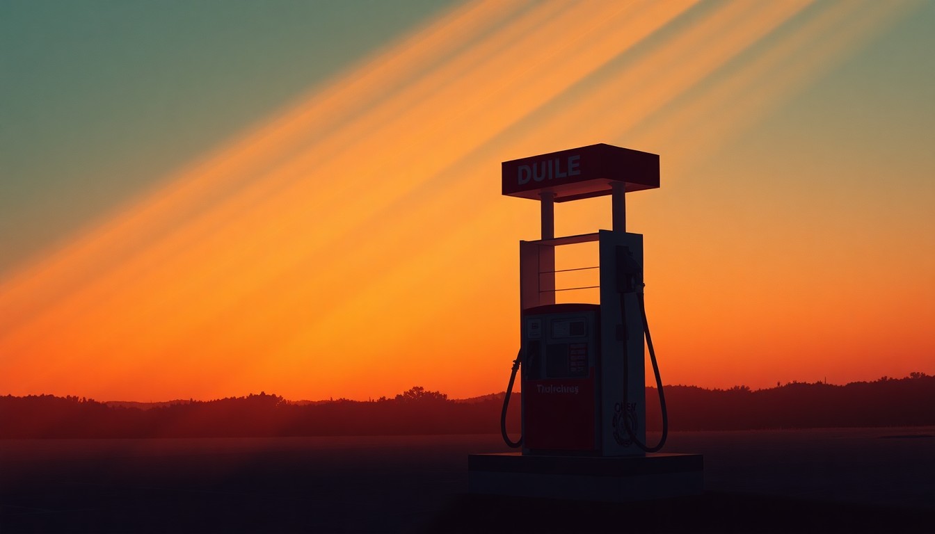 A photorealistic painting of a lone gas pump in a quiet urban setting, with the pump's display illuminated by warm, angled sunlight casting deep shadows, conceptually representing the energy crisis and the governor's efforts to provide relief.