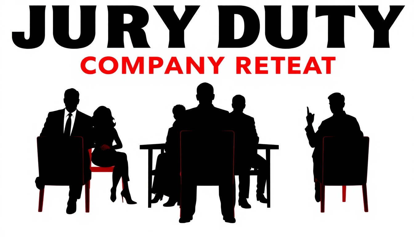 A striking abstract composition of bold, jagged geometric shapes in high-contrast red and white, conceptually representing the cast reunion of the Jury Duty Presents: Company Retreat TV series.